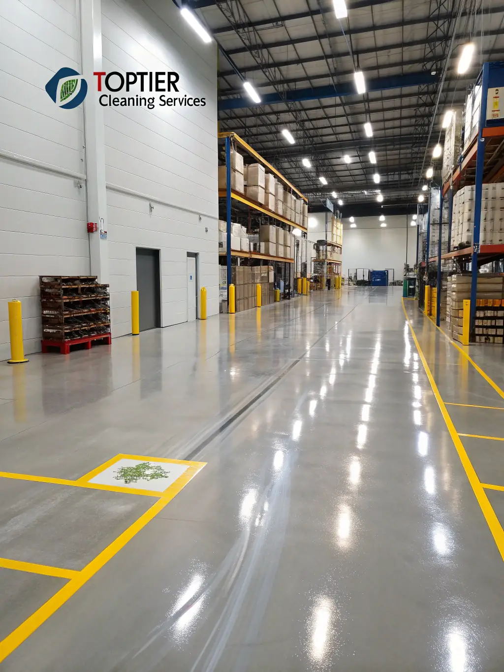 A photograph of a clean factory floor after Great Circle Cleaning services, emphasizing safety and efficiency.