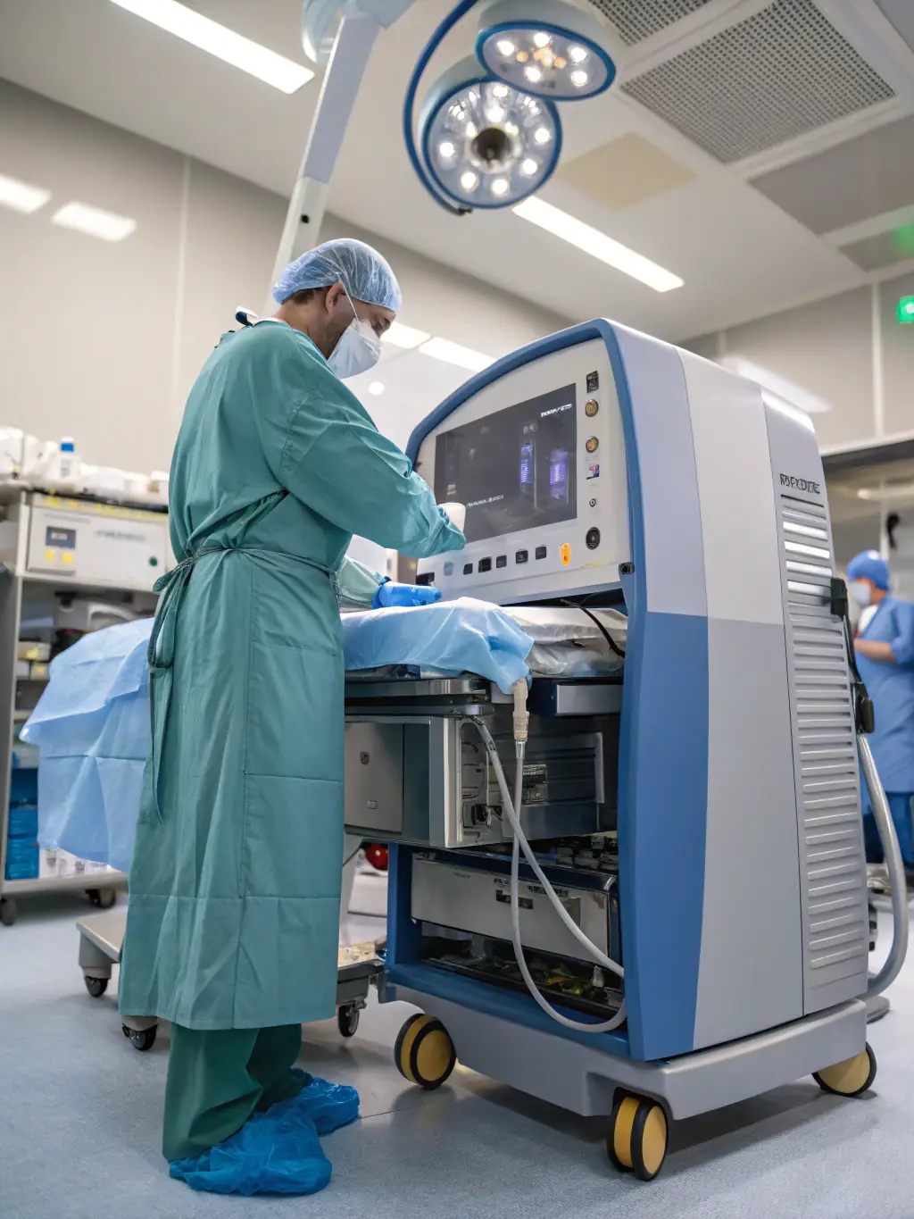 A photograph of a Great Circle Cleaning team member using advanced equipment to clean a hospital operating room, emphasizing hygiene.
